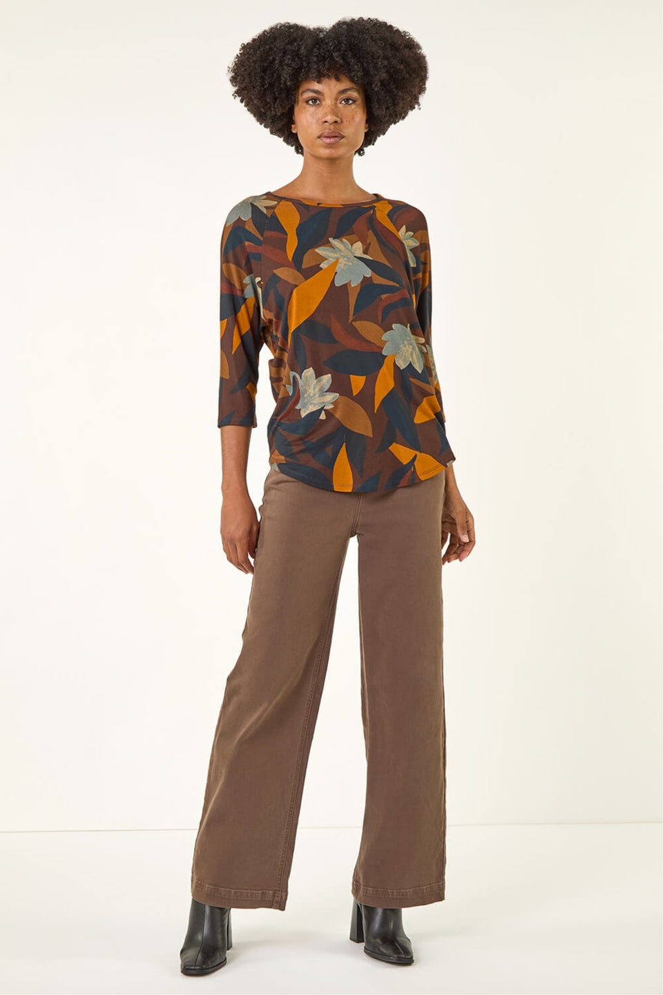 Roman Rust Floral Print Curved Hem Top