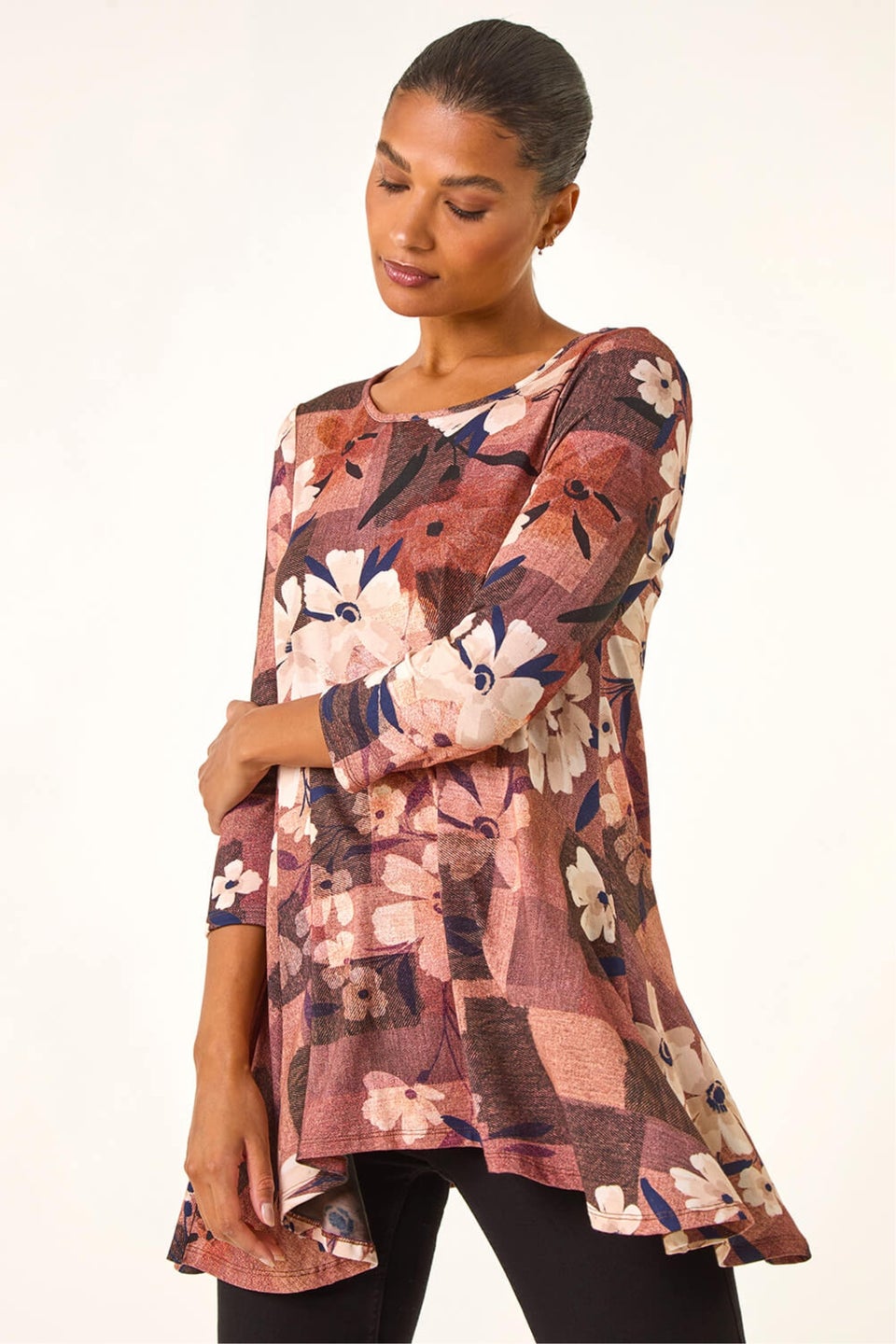 Roman Brown Floral Print Hanky Hem Stretch Top