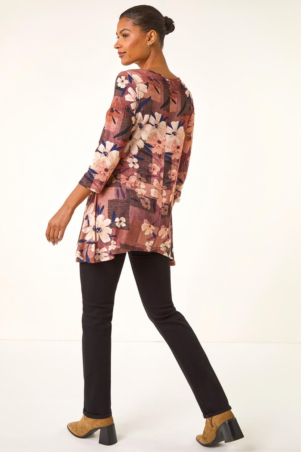 Roman Brown Floral Print Hanky Hem Stretch Top
