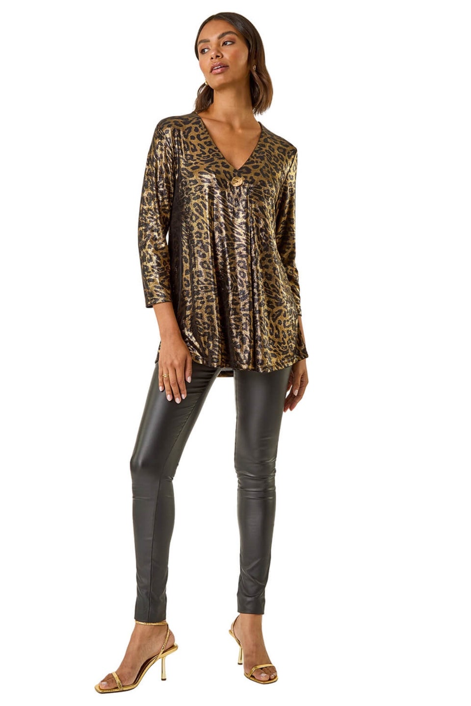 Roman Gold Metallic Animal Print Tunic Top