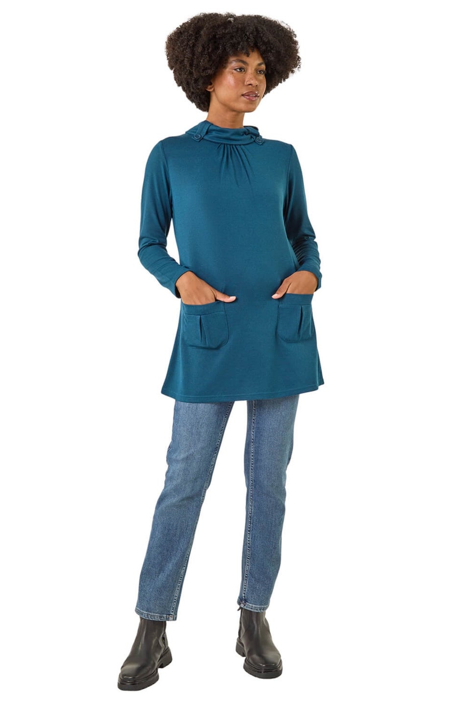 Roman Teal Snit Pocket Tunic Top