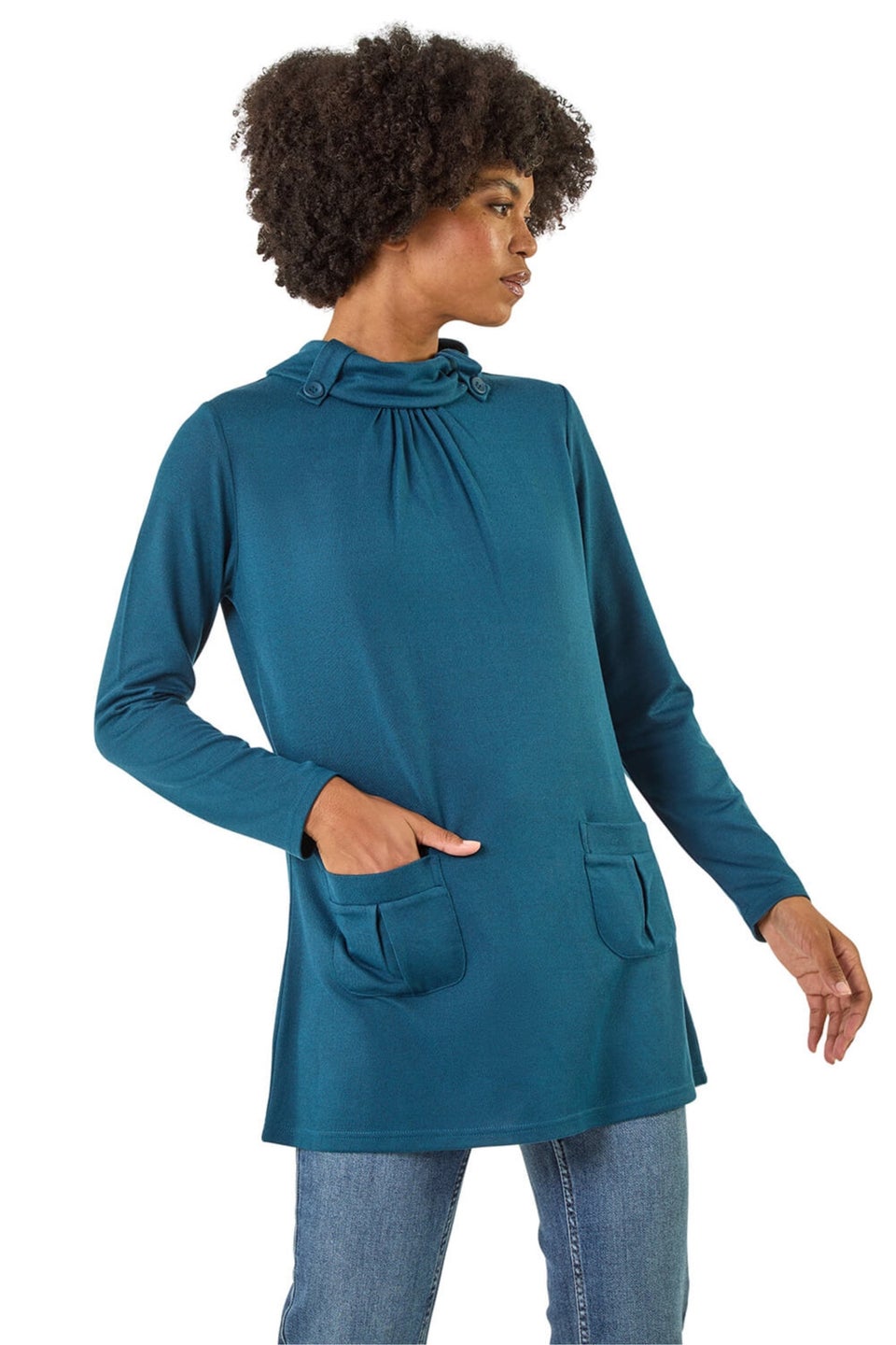 Roman Teal Snit Pocket Tunic Top