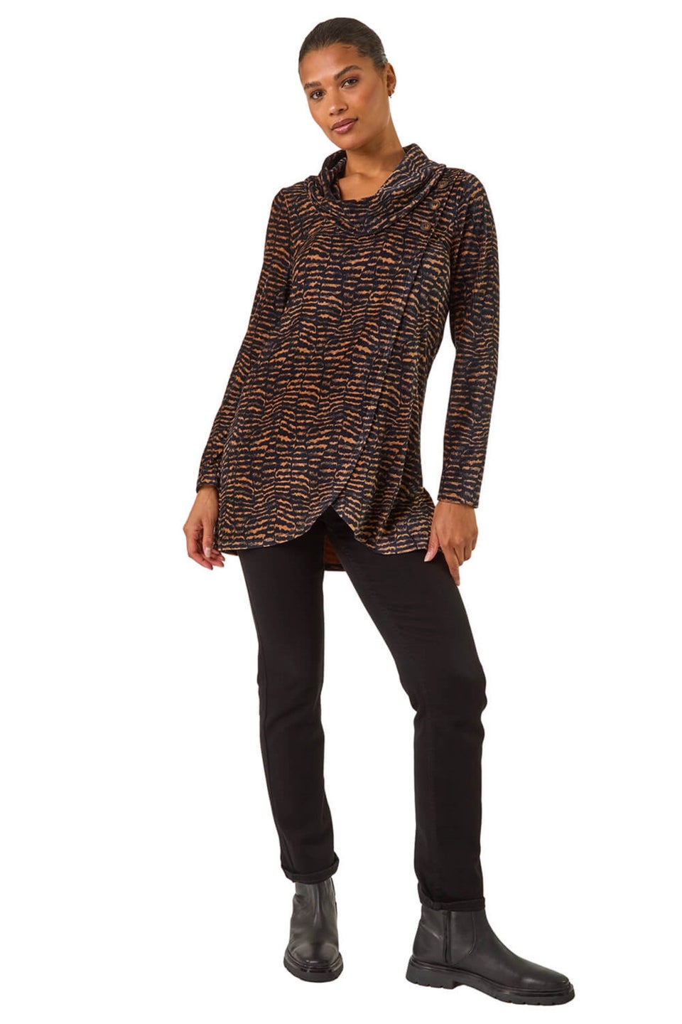 Roman Tan Chenille Cowl Neck Tunic Top