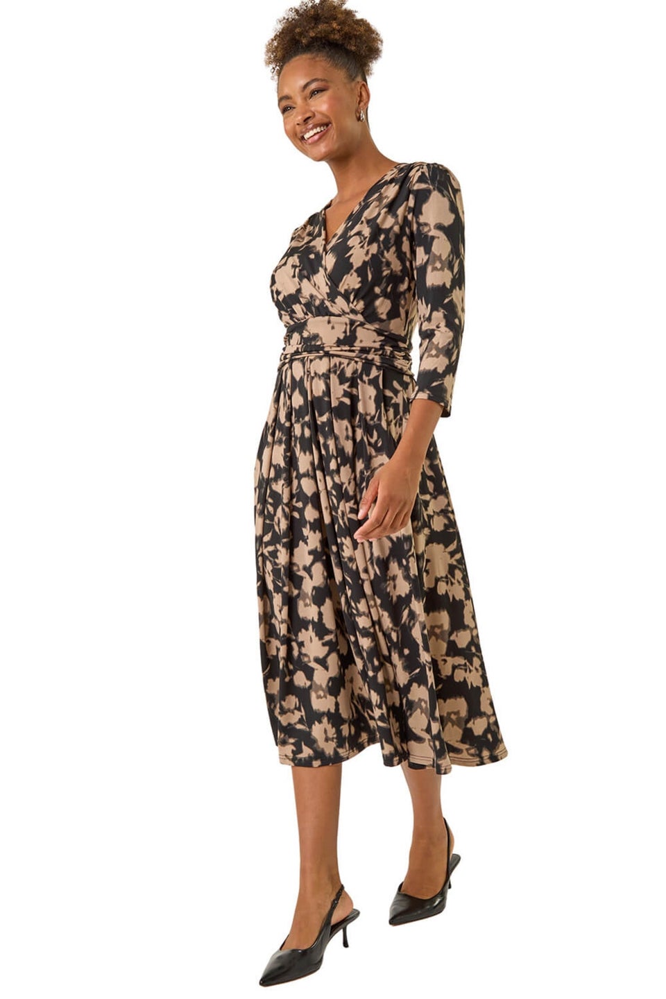 Roman Taupe Abstract Floral Print Wrap Midi Dress