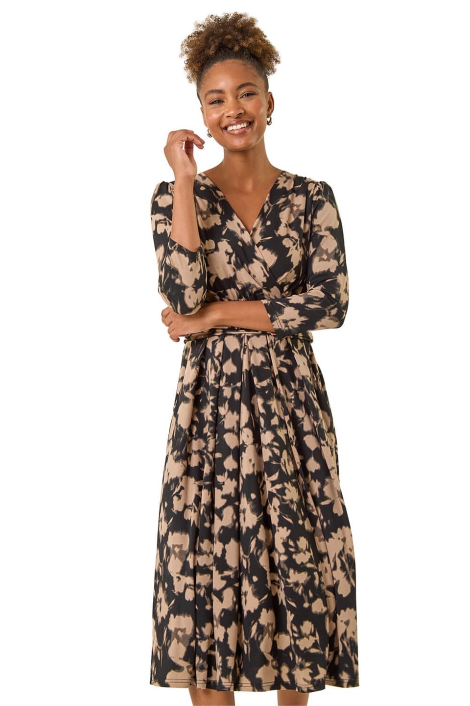 Roman Taupe Abstract Floral Print Wrap Midi Dress