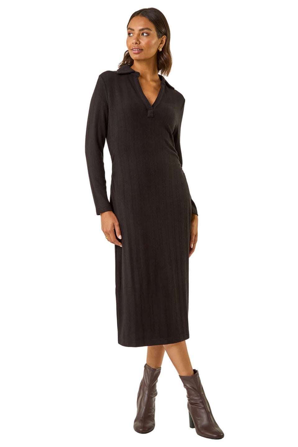 Roman Black Collar Ribbed Knit Miid Dress