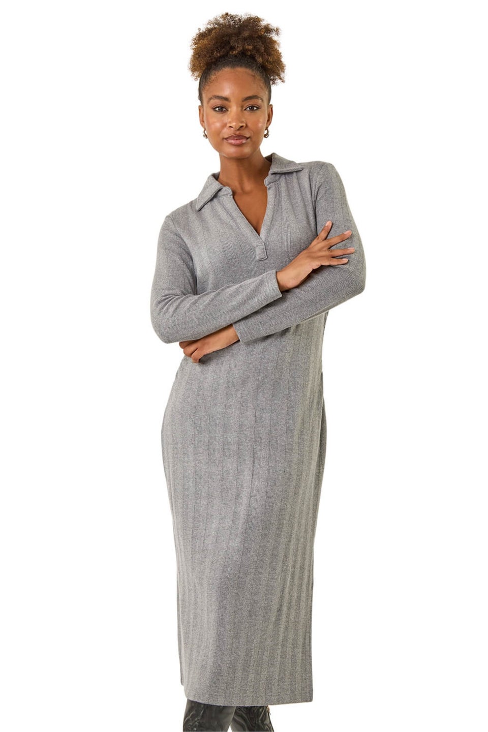 Roman Grey Collar Ribbed Knit Miid Dress Matalan