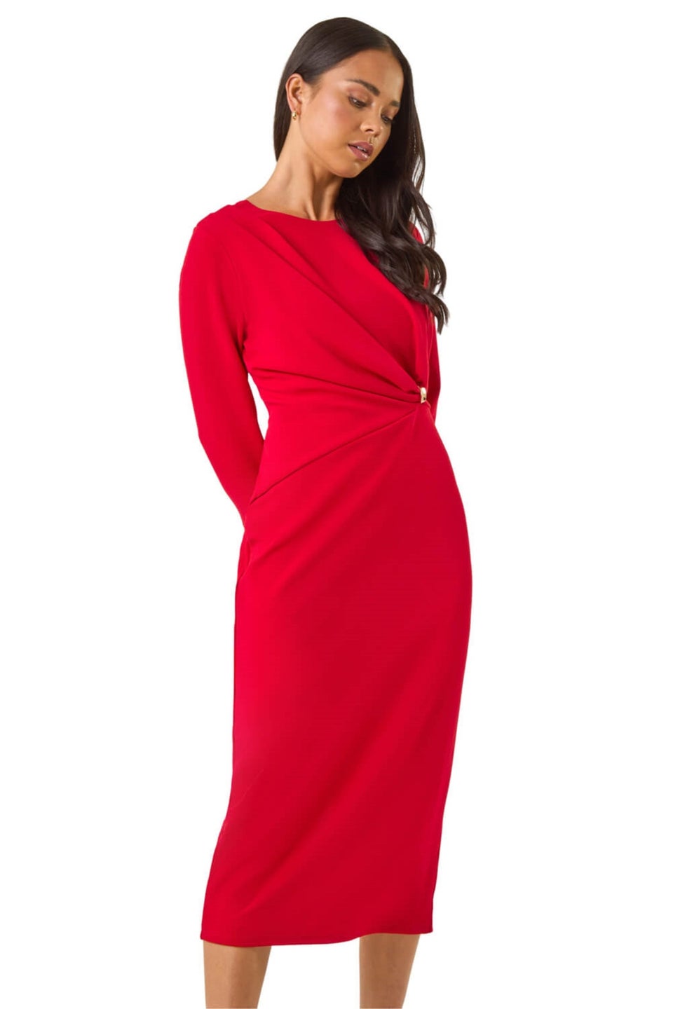 Roman Red Petite Gathered Stretch Midi Dress