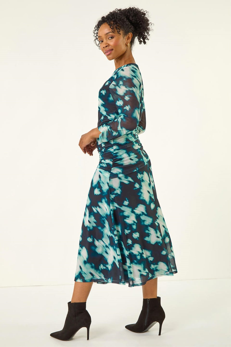 Roman Teal Petite Print Mesh Ruched Midi Dress