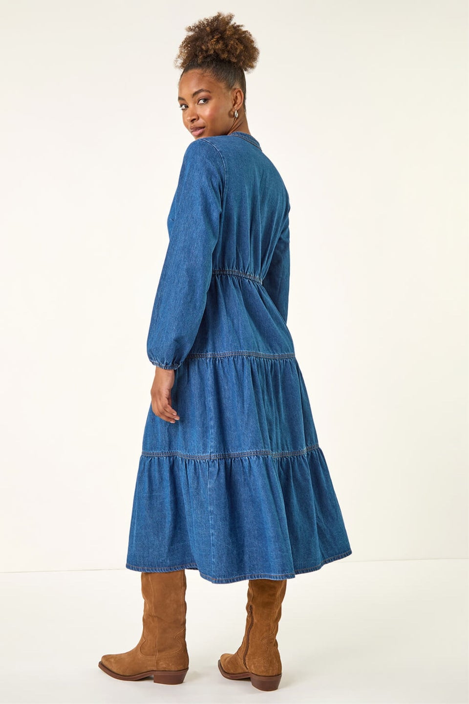 Roman Denim Cotton Denim Tiered Midi Dress