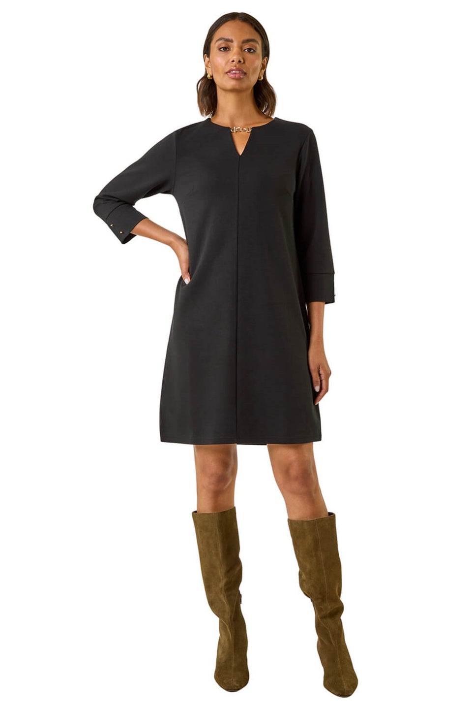 Roman Black Keyhole Chain Shift Dress