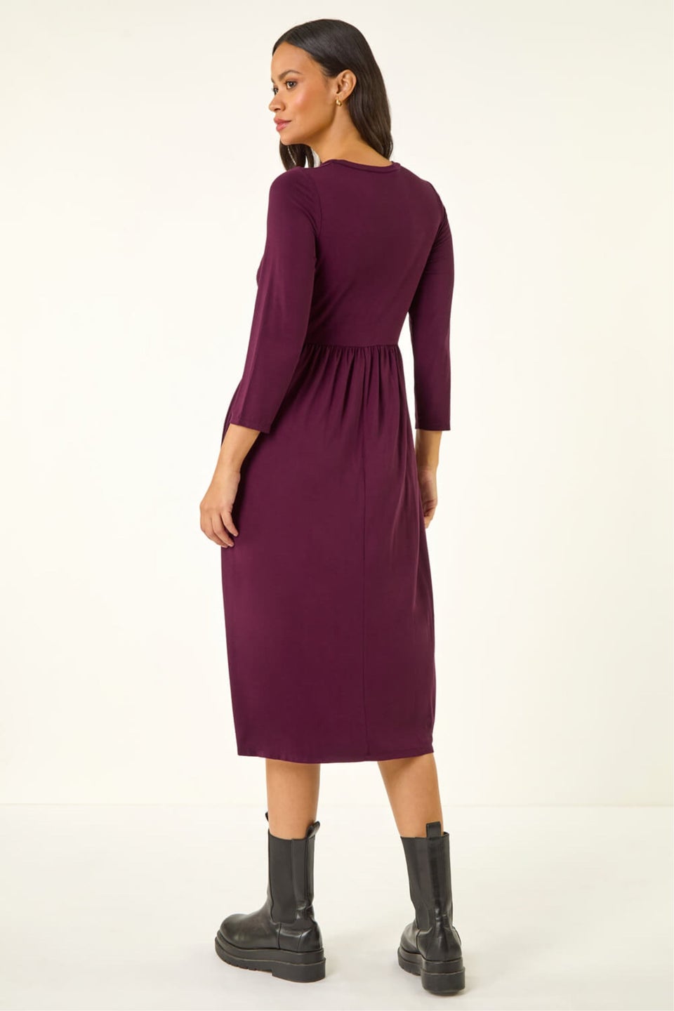 Dusk Wine Gathered Pocket Stretch Midi Dress