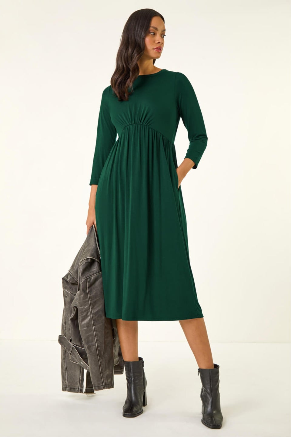 Dusk Teal Gathered Pocket Stretch Midi Dress