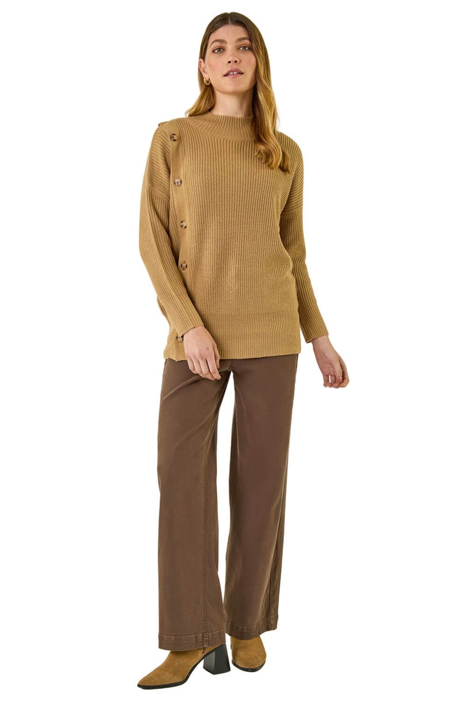 Roman Tan Side Buttoned Knit Jumper