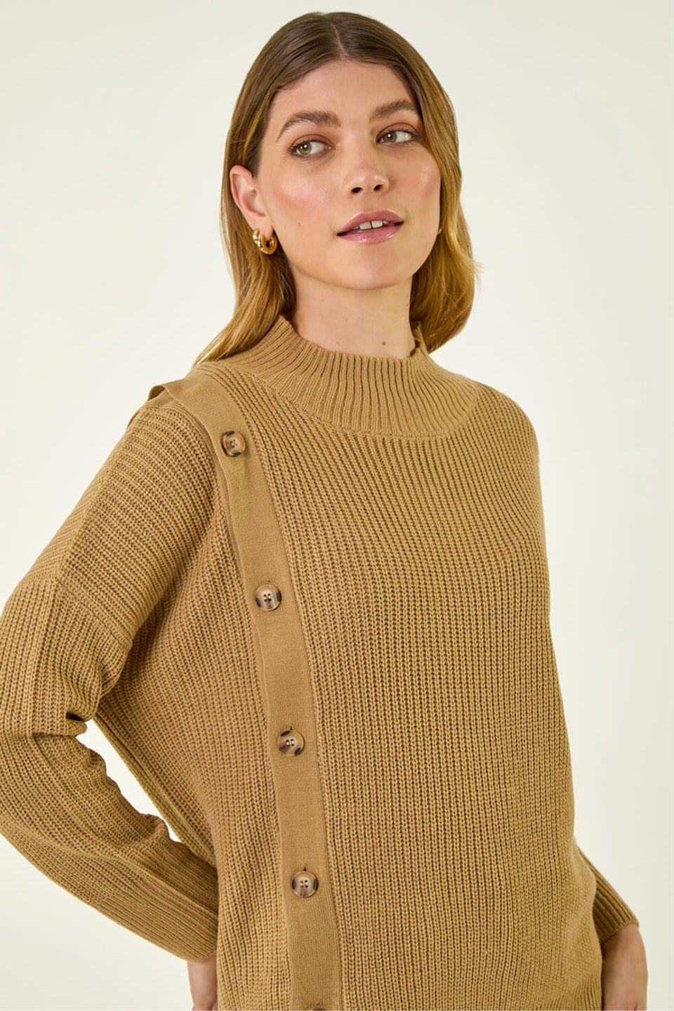 Roman Tan Side Buttoned Knit Jumper