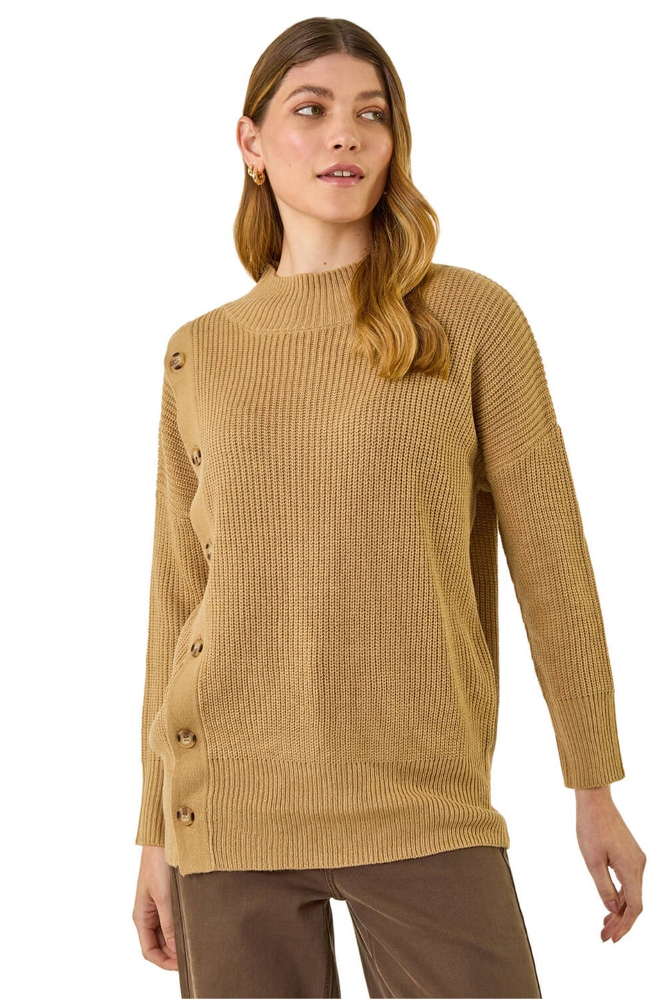 Roman Tan Side Buttoned Knit Jumper