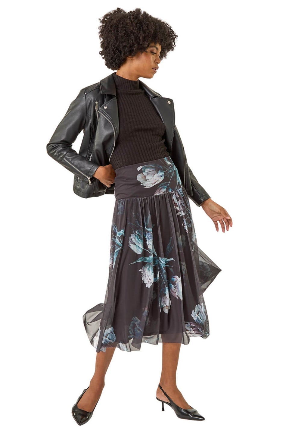 Roman Black Floral Print Mesh Layered Skirt