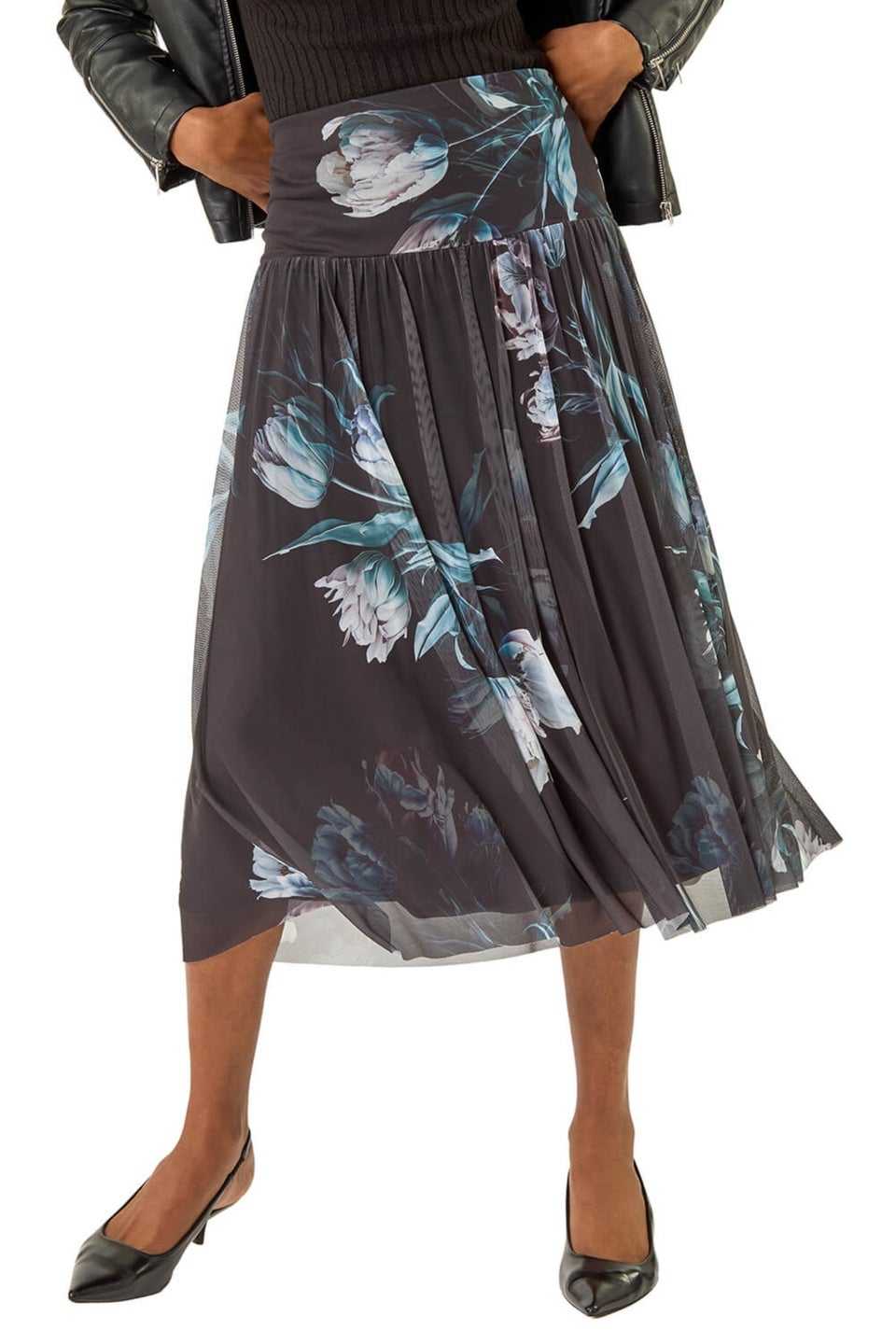 Roman Black Floral Print Mesh Layered Skirt