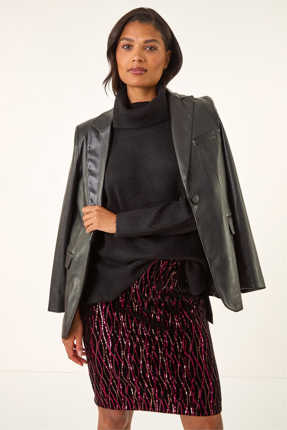 Roman Fuchsia Velvet Sequin Detail Pencil Skirt