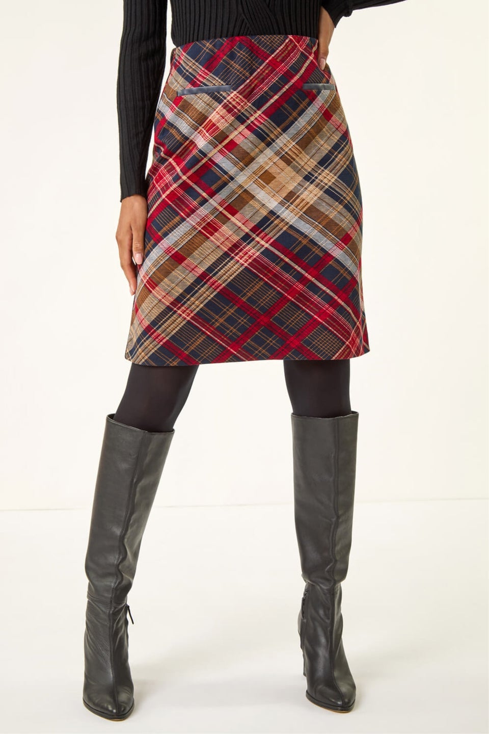Roman Red Check Print Stretch Pencil Skirt