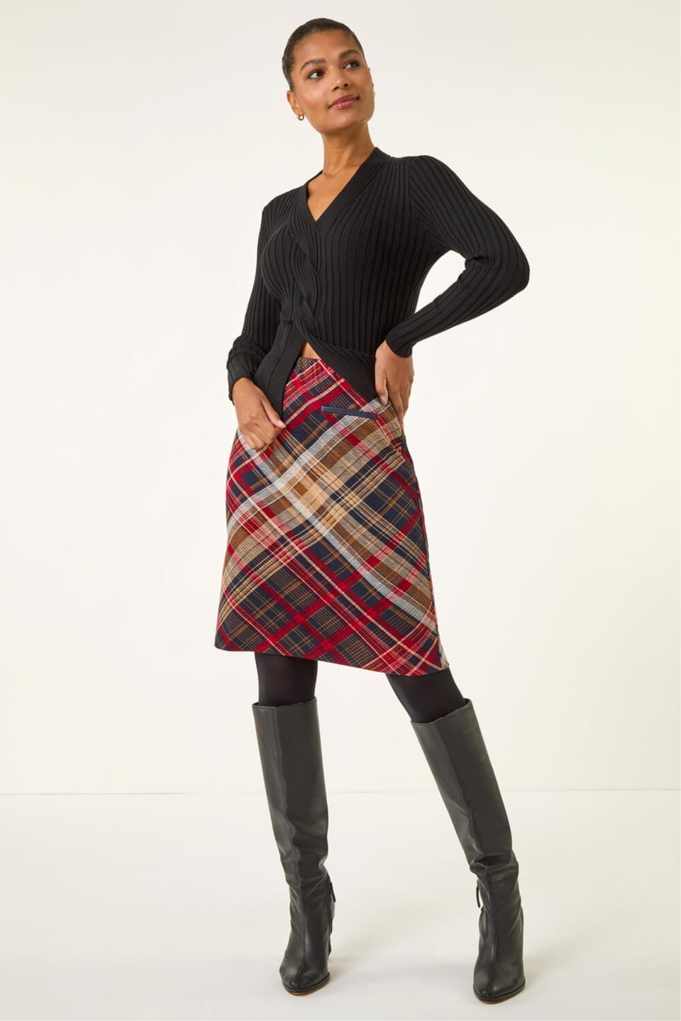 Roman Red Check Print Stretch Pencil Skirt