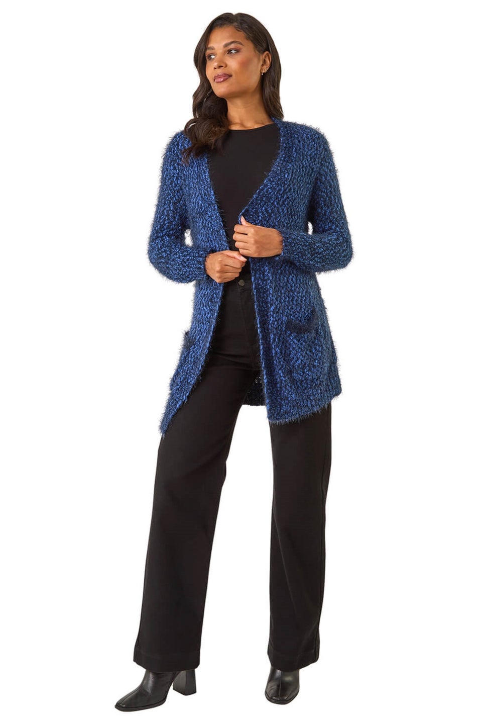 Roman Blue Fluffy Longline Knit Cardigan
