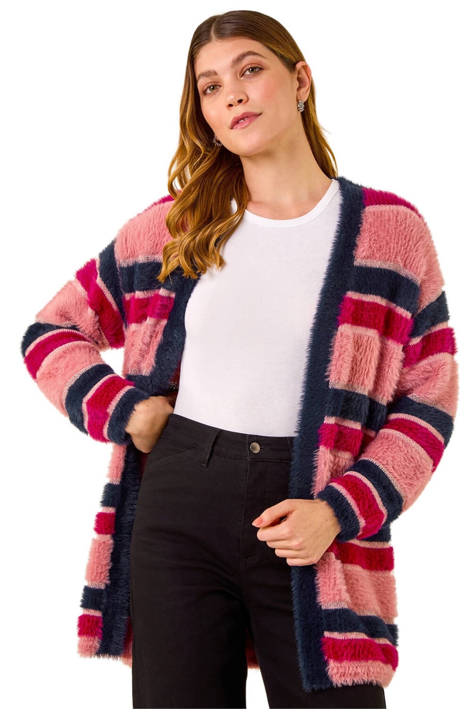 Roman Pink Fluffy Stripe Knit Cardigan