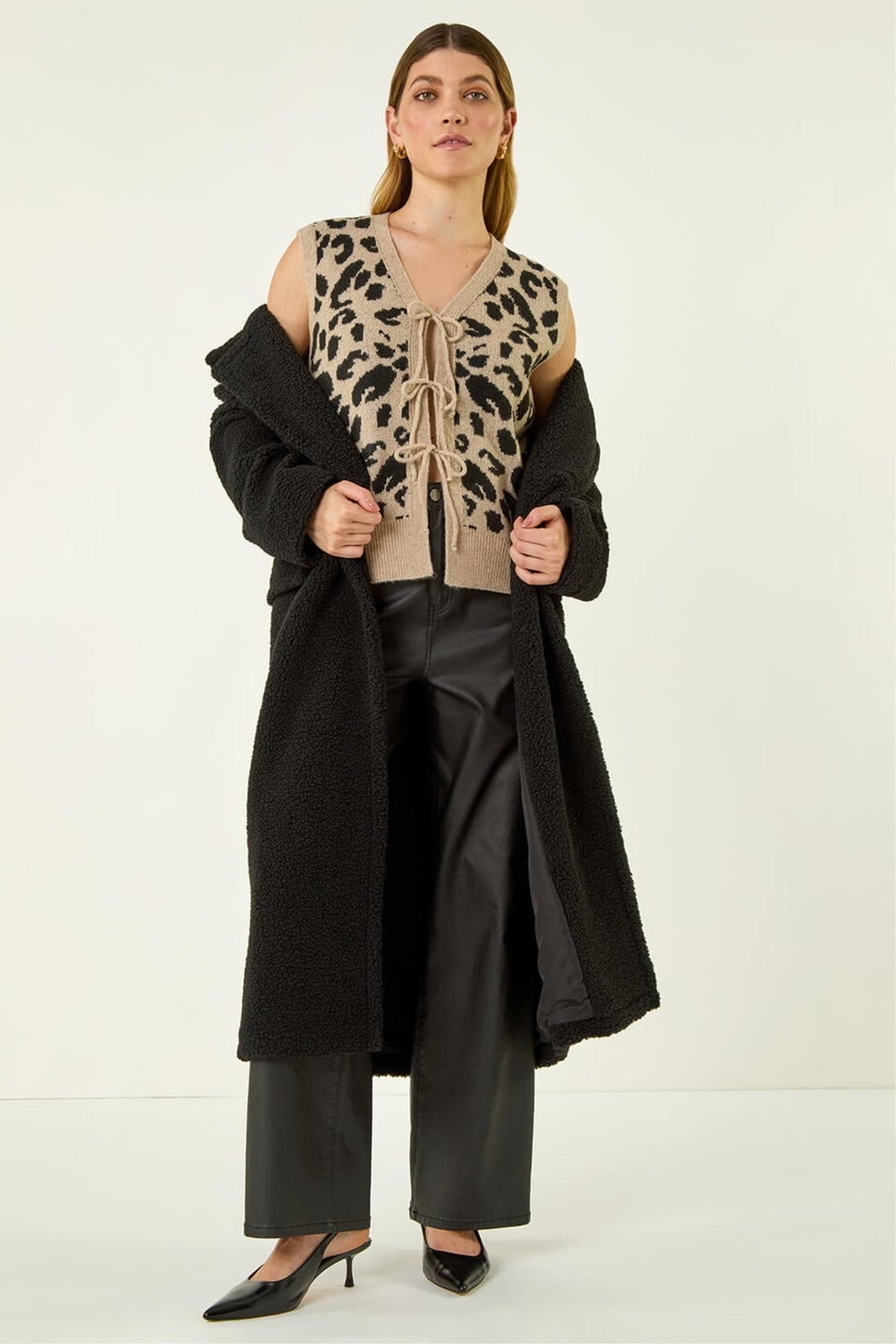 Roman Tan Animal Print Tie Front Knit Top