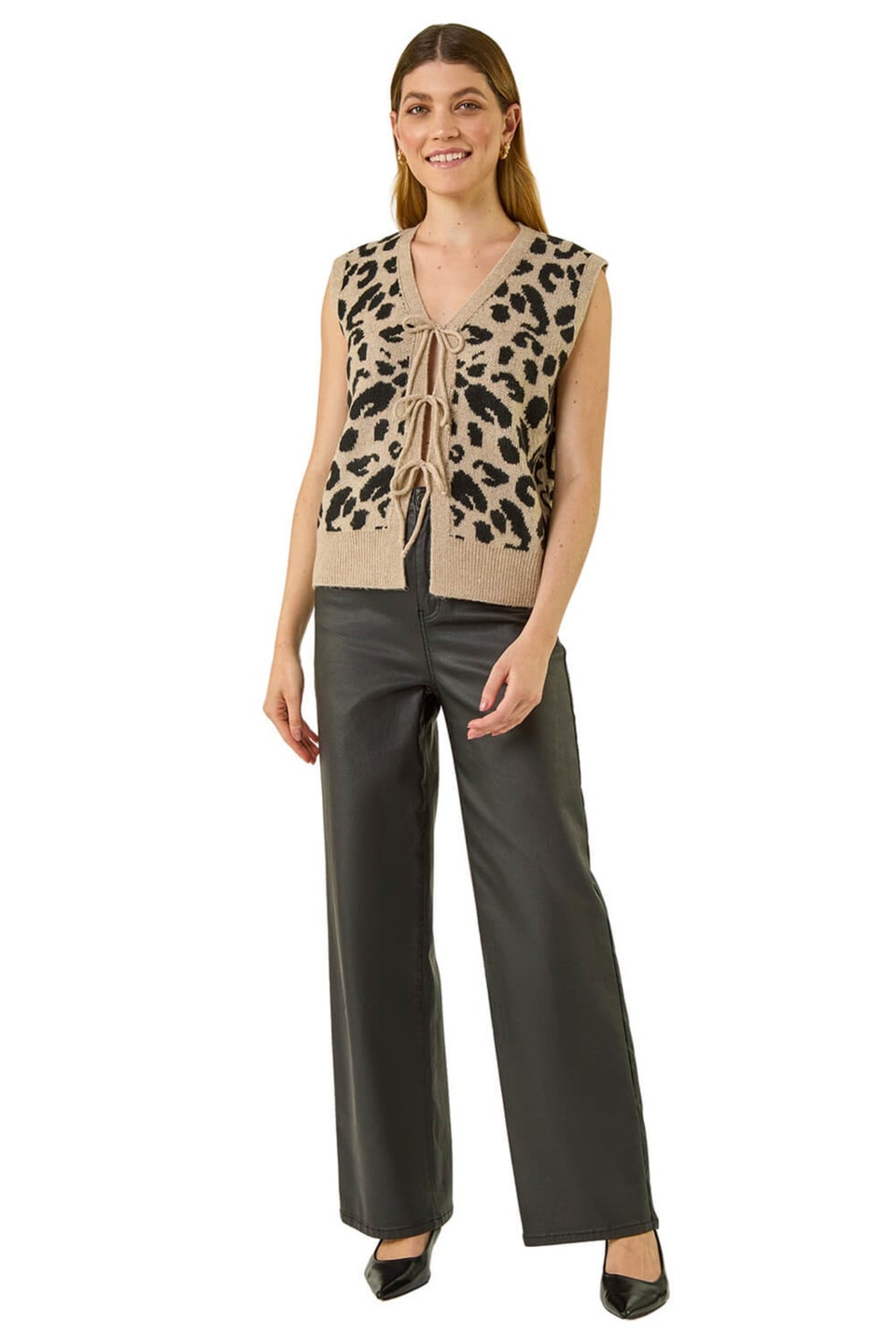 Roman Tan Animal Print Tie Front Knit Top