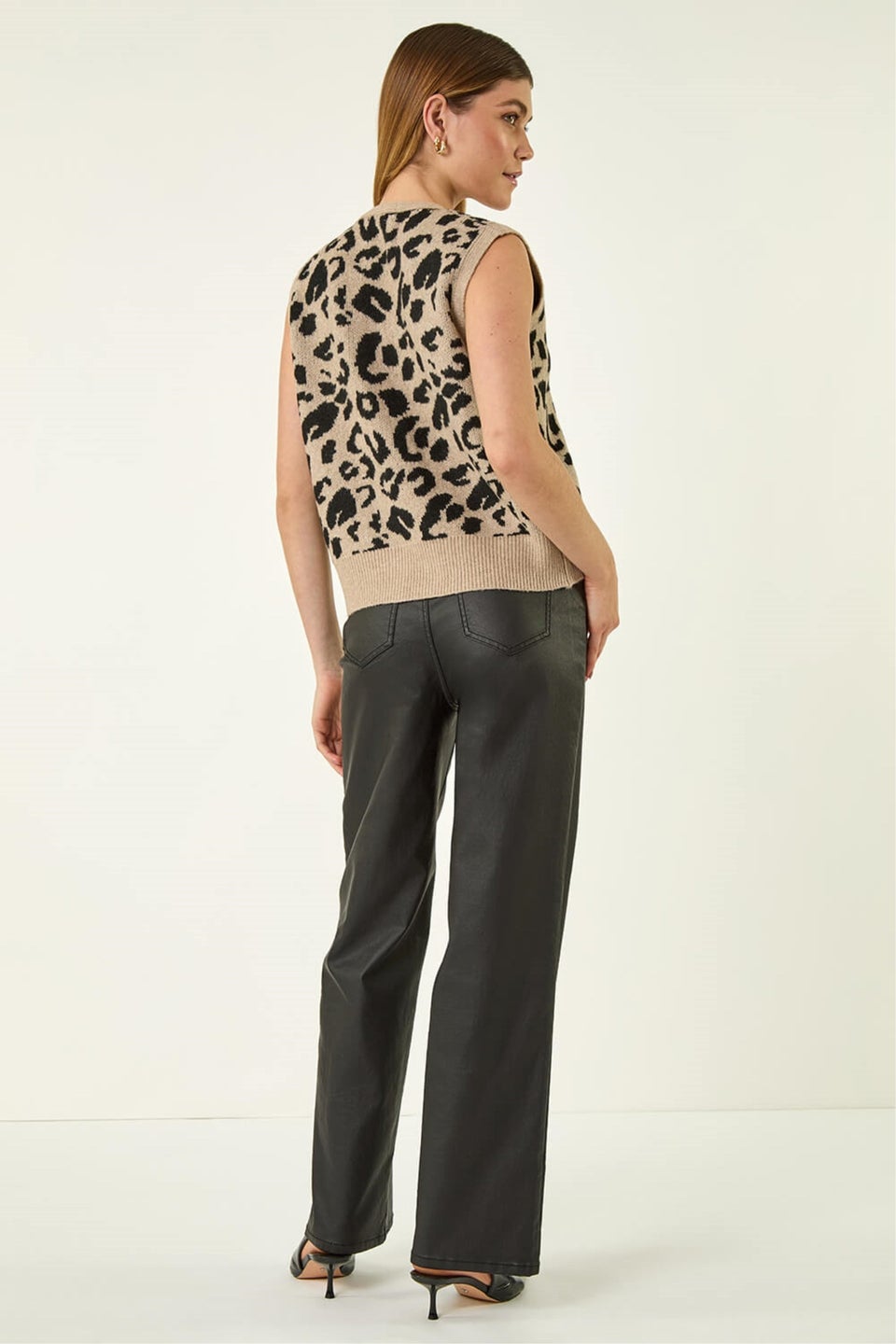 Roman Tan Animal Print Tie Front Knit Top