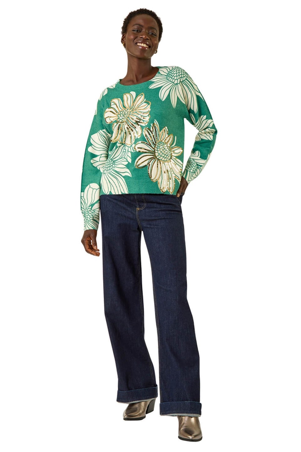 Roman Green Floral Crew Neck Knit Jumper