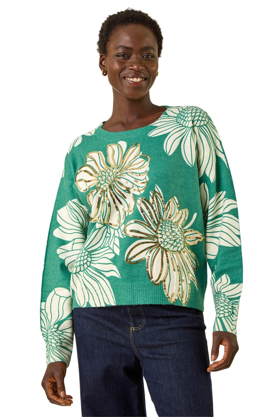 Roman Green Floral Crew Neck Knit Jumper