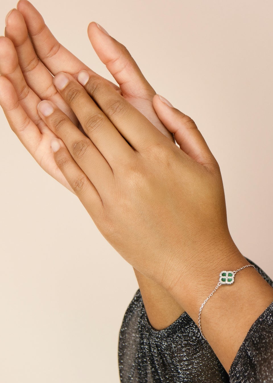 Golden Moments Sterling Silver Rhodium Plated Clover Malachite and White CZ Adjustable Bracelet