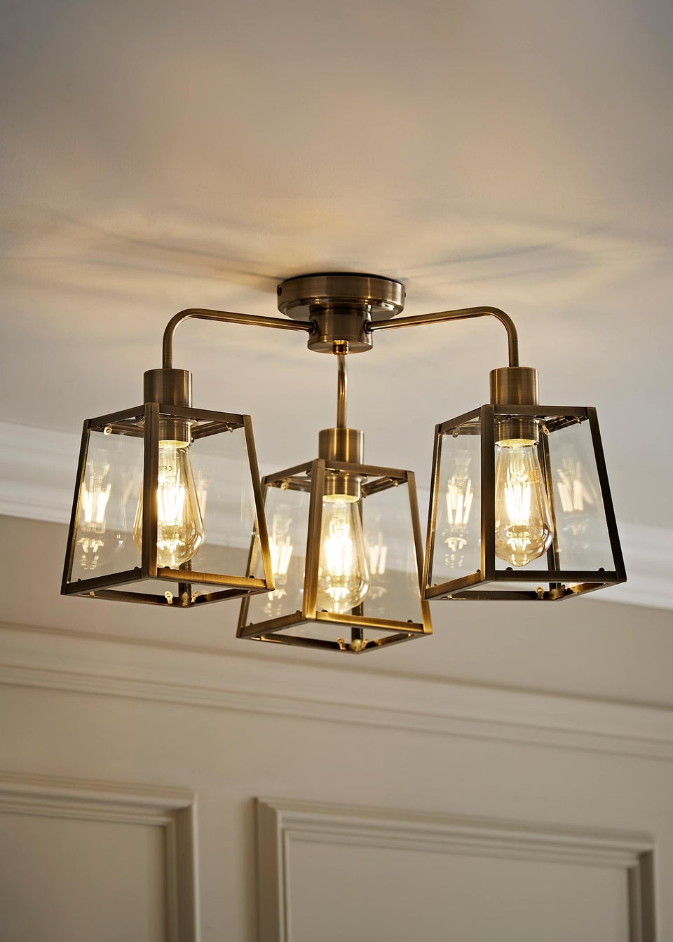 ValueLights Susie 3 Arm Antique Brass Glass Lantern Ceiling Light