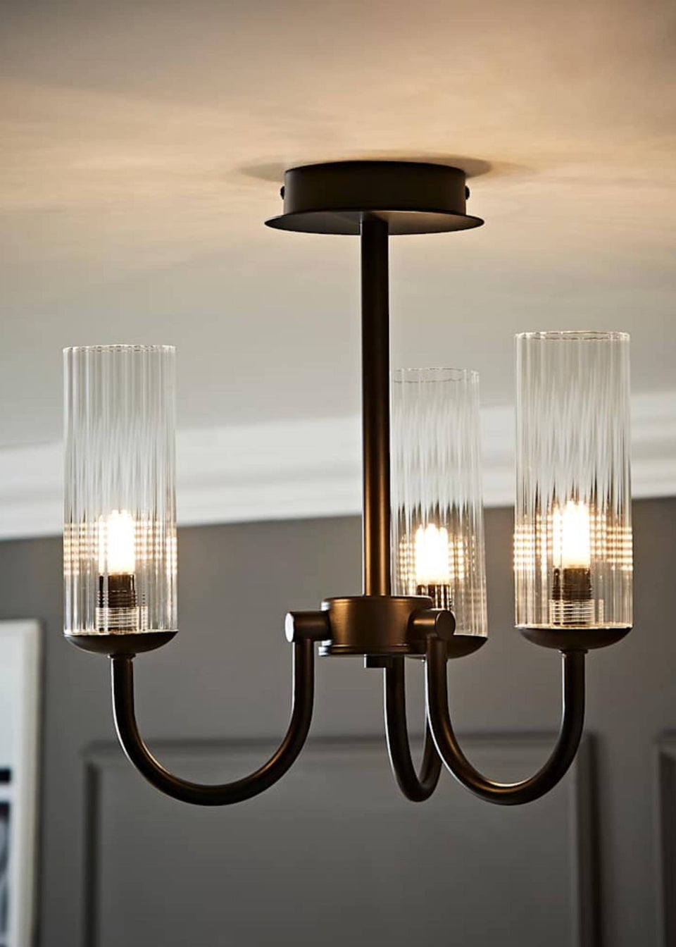 ValueLights Canya 3 Way Black Ceiling Light Clear Ribbed Shades