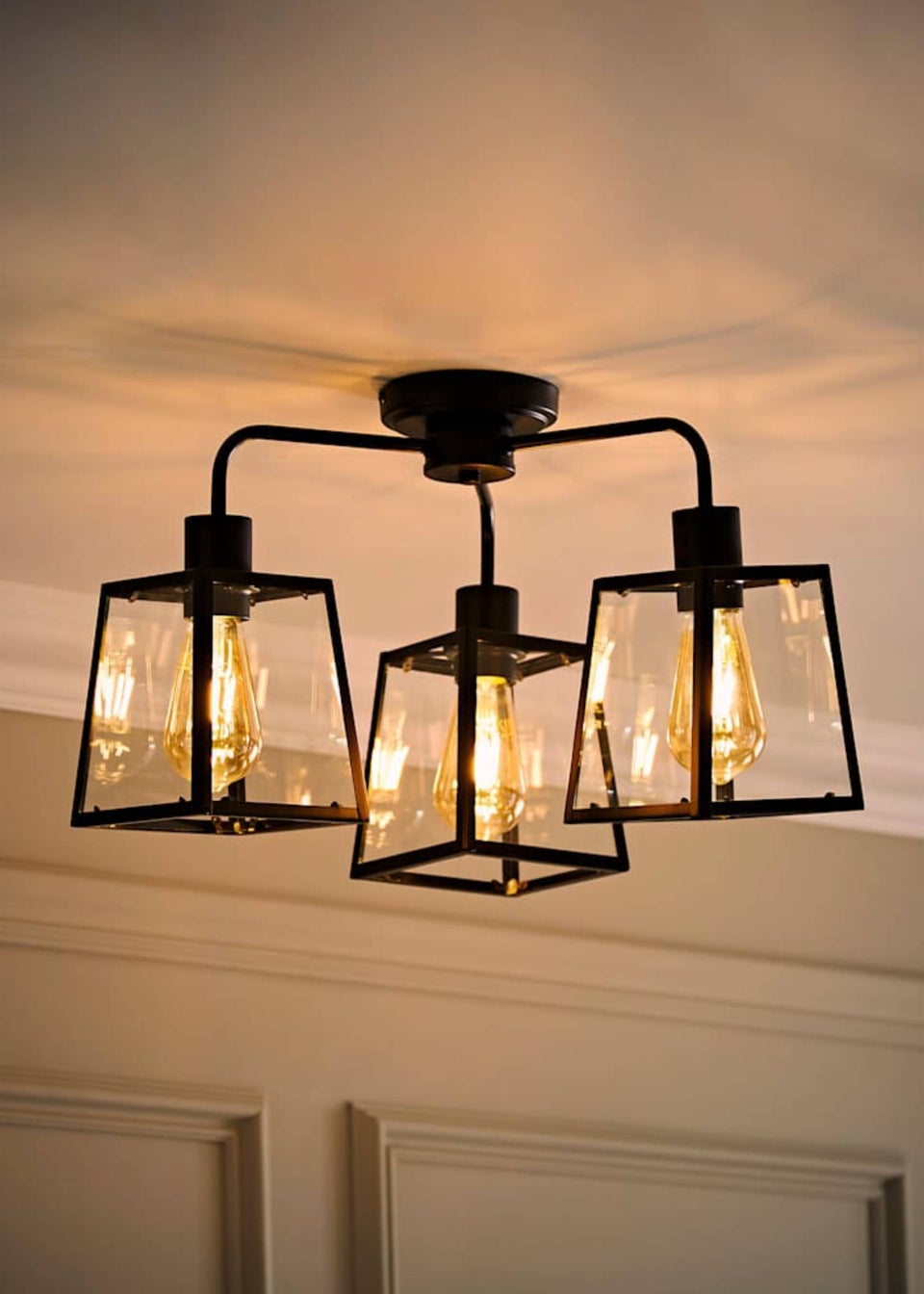 ValueLights Susie 3 Arm Matte Black Glass Lantern Ceiling Light