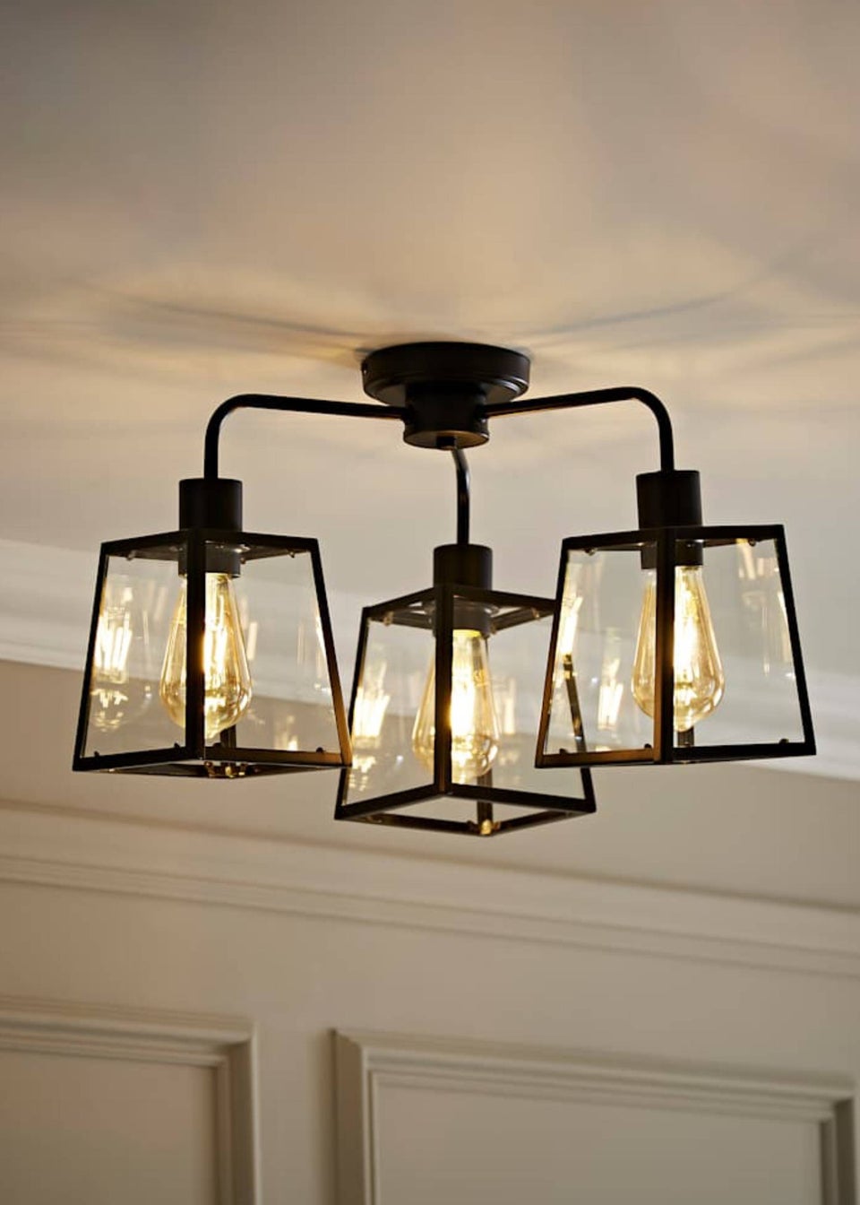 ValueLights Susie 3 Arm Matte Black Glass Lantern Ceiling Light