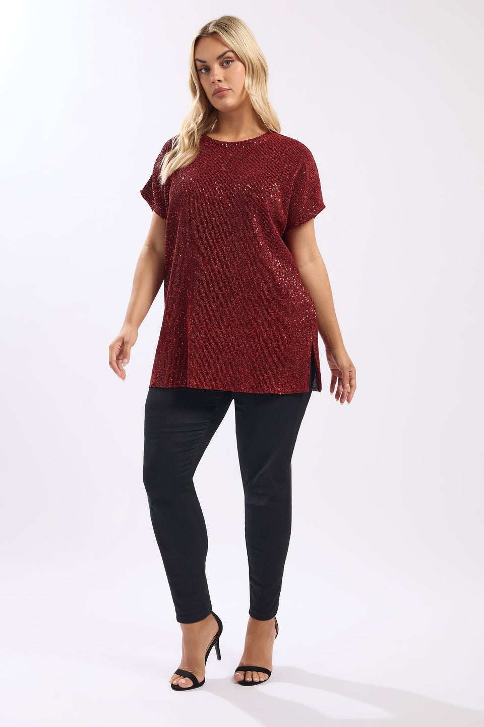 Yours Red Sequin Grown On Sleeve T-Shirt