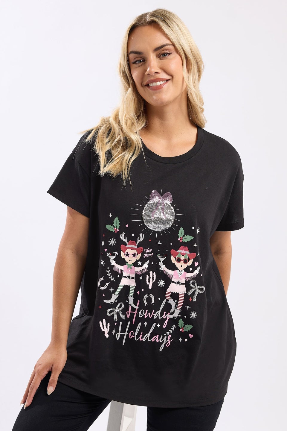 Yours Curve Black 'Howdy Holidays' Sequin Embellished T-Shirt