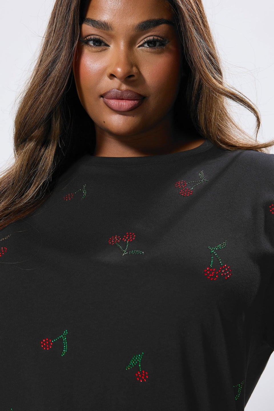 Yours Curve Black Embellished Cherry Oversized T-Shirt