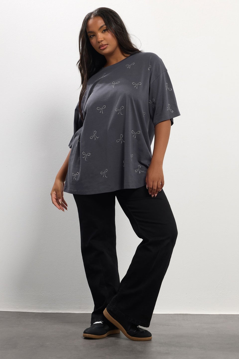 Yours Curve Grey Embellished Bow Oversized T-Shirt