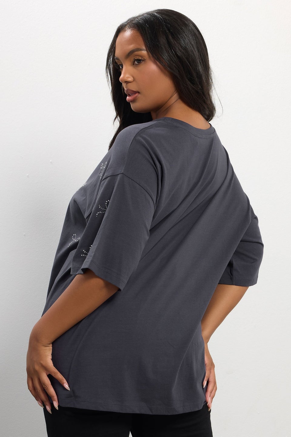 Yours Curve Grey Embellished Bow Oversized T-Shirt