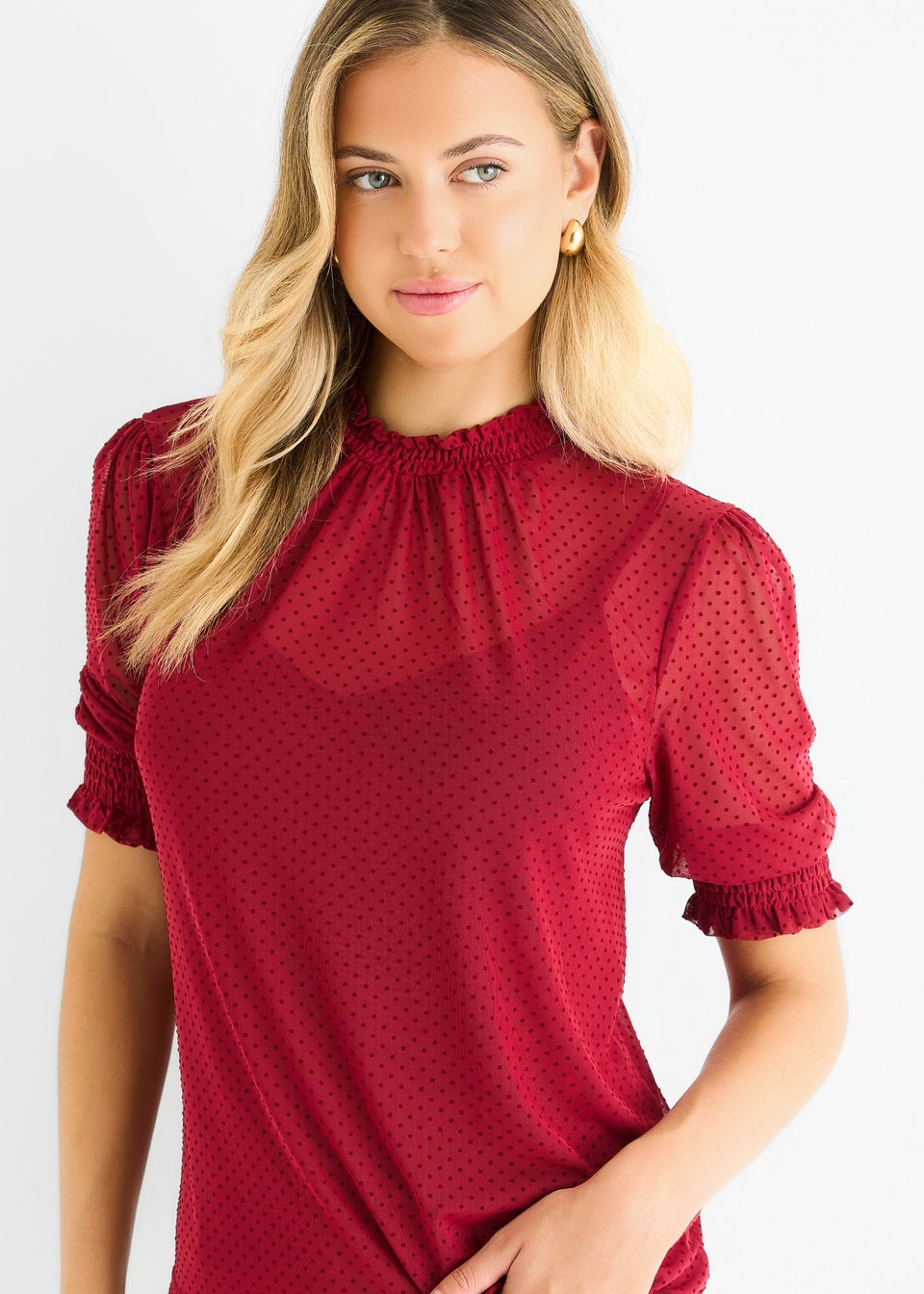 Gini London Red HIgh Neck Lace loose Fit Blouse