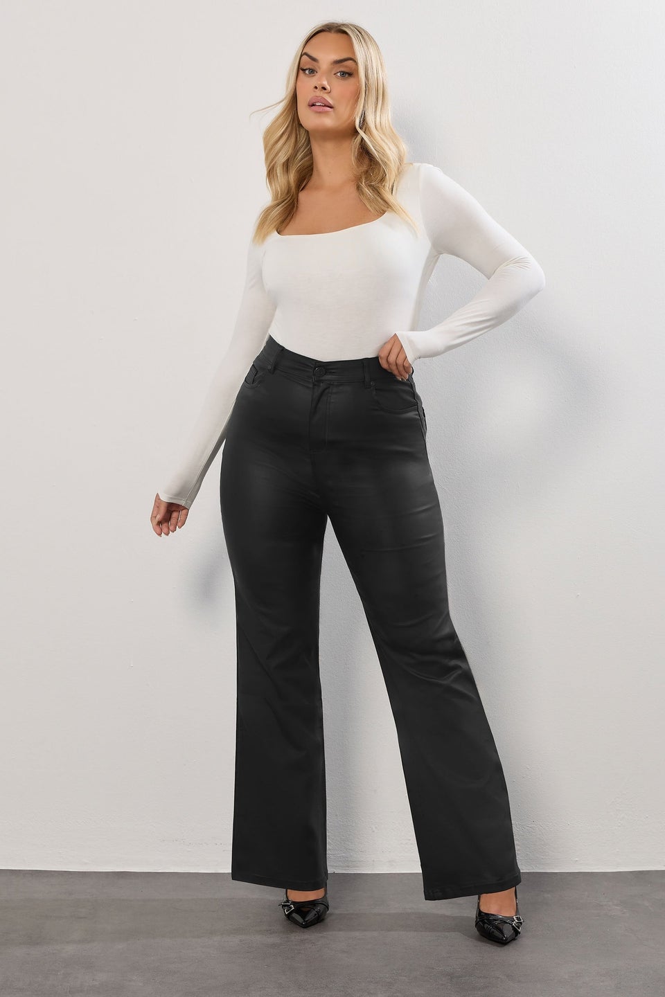 Yours Black Coated Wide Leg Trousers
