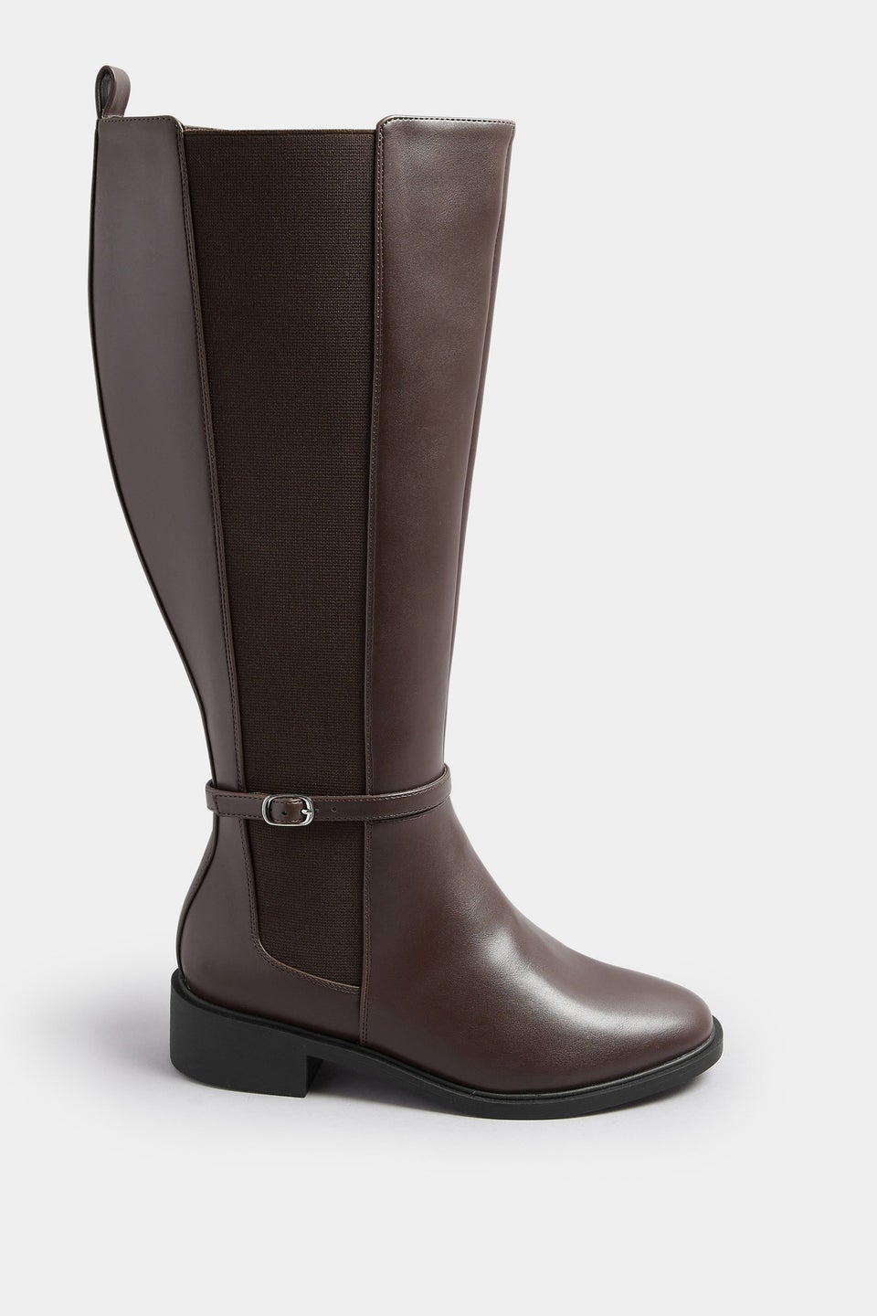 Brown Faux Leather Buckle Knee High Riding Boots In Extra Wide EEE Fit