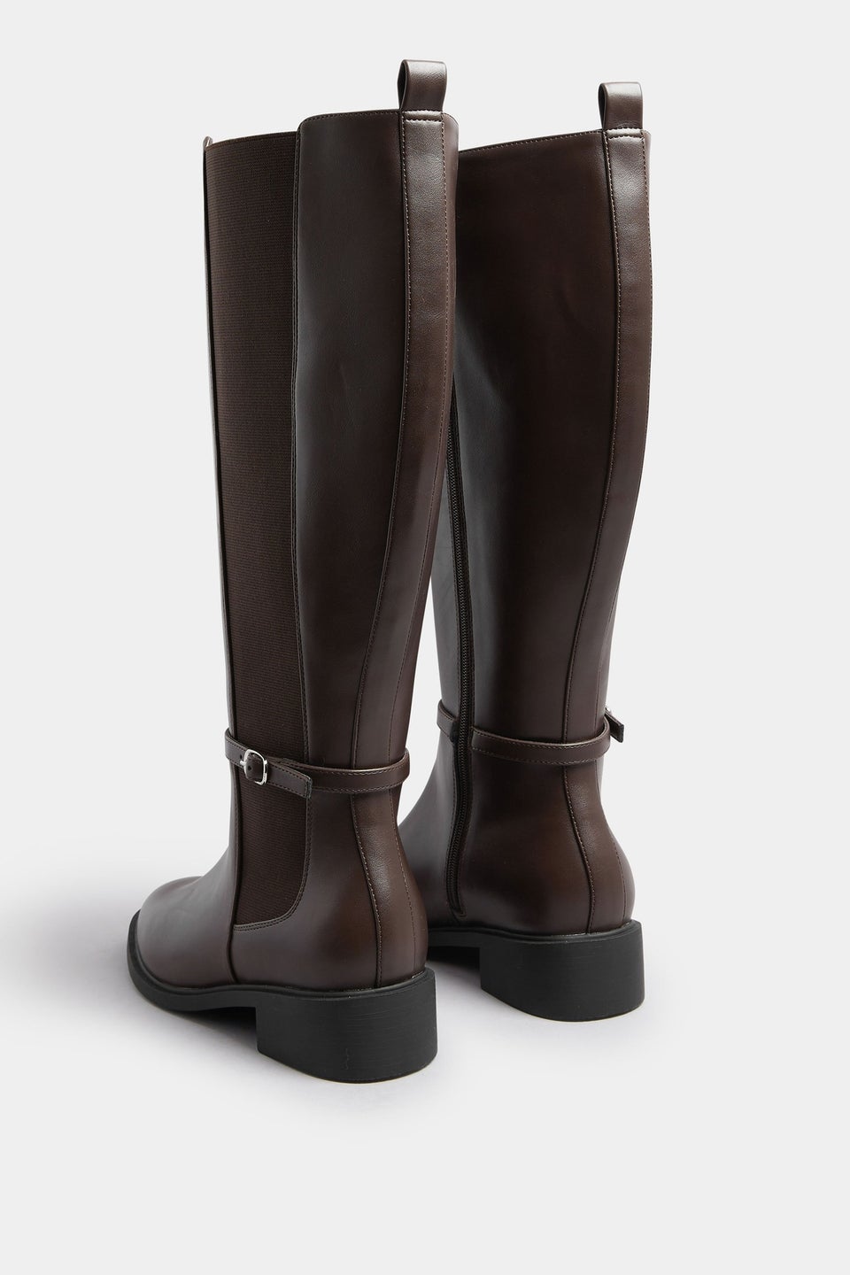 Brown Faux Leather Buckle Knee High Riding Boots In Extra Wide EEE Fit