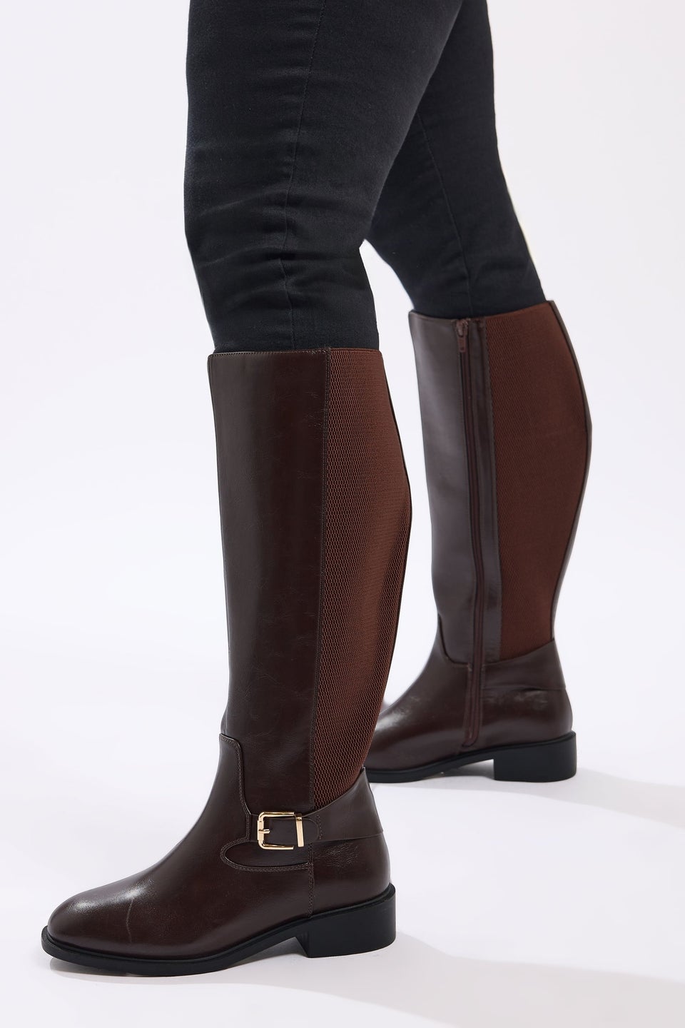 Yours Brown Buckle Detail Knee High Boots In Extra Wide Fit