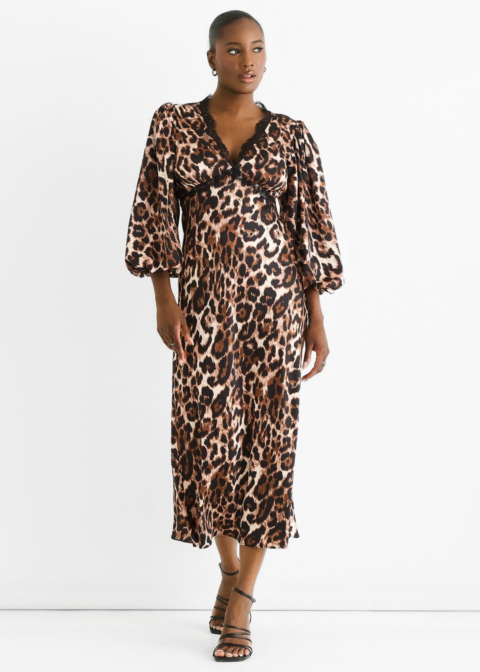 Gini London Brown Animal Lace Trim Satin Bias Midi Dress