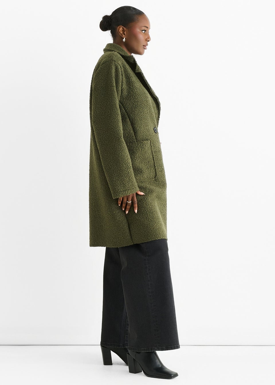 Gini London Khaki Shearling Mid Length Double Breasted Jacket