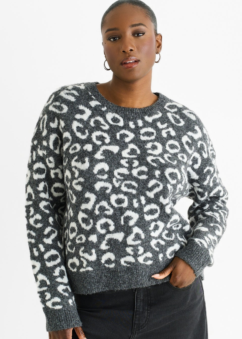 Gini London Grey Animal Pattern loose Fit Knit Jumper